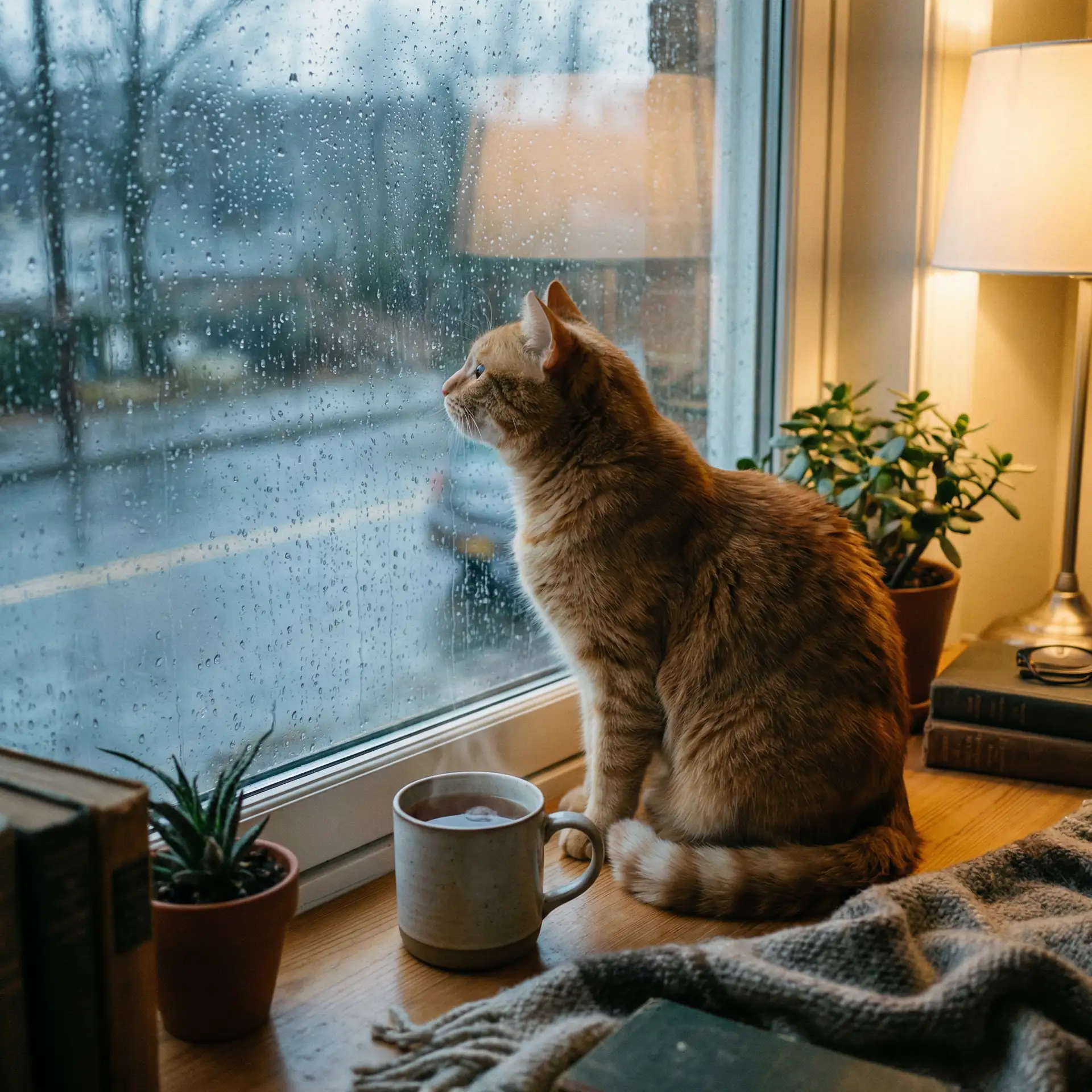 猫咪望着窗外的雨 - 咖喱君